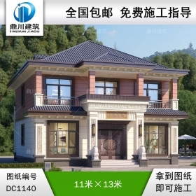 新中式二層帶陽臺別墅圖紙及效果圖_農(nóng)村自建別墅設計,鼎川建筑